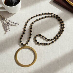 🇫🇷 NATARAJ COLLECTION Paris Long Black Rudraksha Beaded Gold Ring Pendant Neck